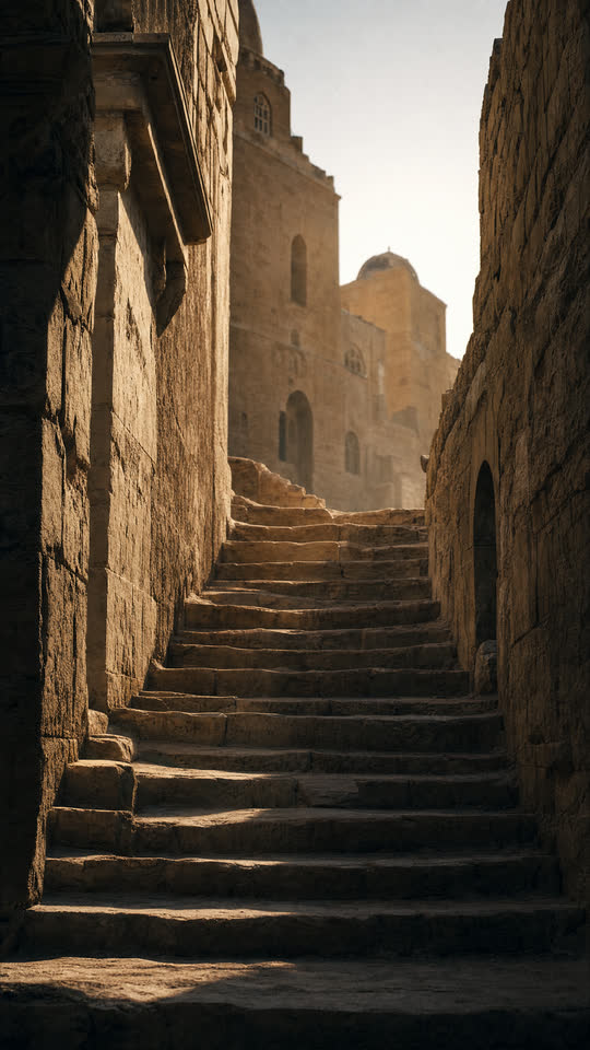 Worn stone steps in low light